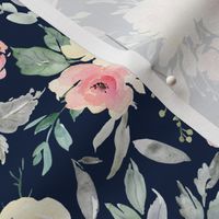 Watercolor Floral (navy) Pink + Blush Flowers, 6 inch repeat