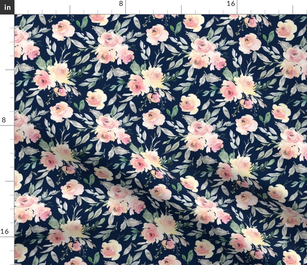 Watercolor Floral (navy) Pink + Blush Flowers, 6 inch repeat