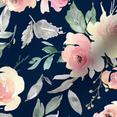 Watercolor Floral (navy) Pink + Blush Flowers, 12 inch repeat