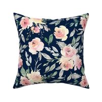 Watercolor Floral (navy) Pink + Blush Flowers, 12 inch repeat