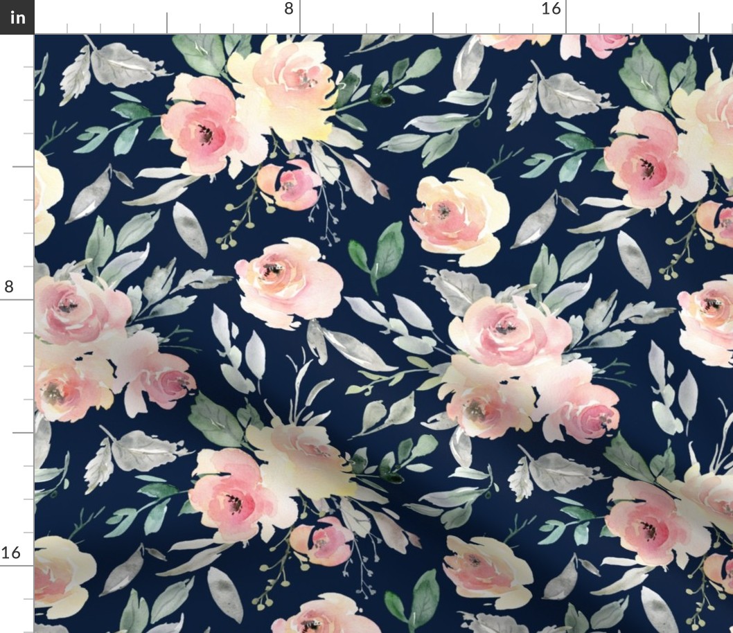 Watercolor Floral (navy) Pink + Blush Flowers, 12 inch repeat