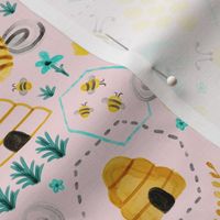 Busy Bees - Aqua Watercolor Regular Scale - Light Pink Background