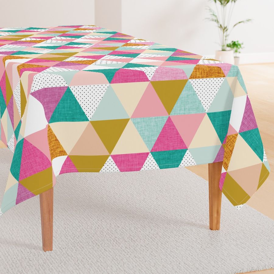 6" triangle wholecloth: curry, white orange, butterscotch linen no. 2, orange ice, 75-13 linen, lychee, lipstick linen, neon pink linen, ionic linen, aqua, 130-6 linen, aqua linen