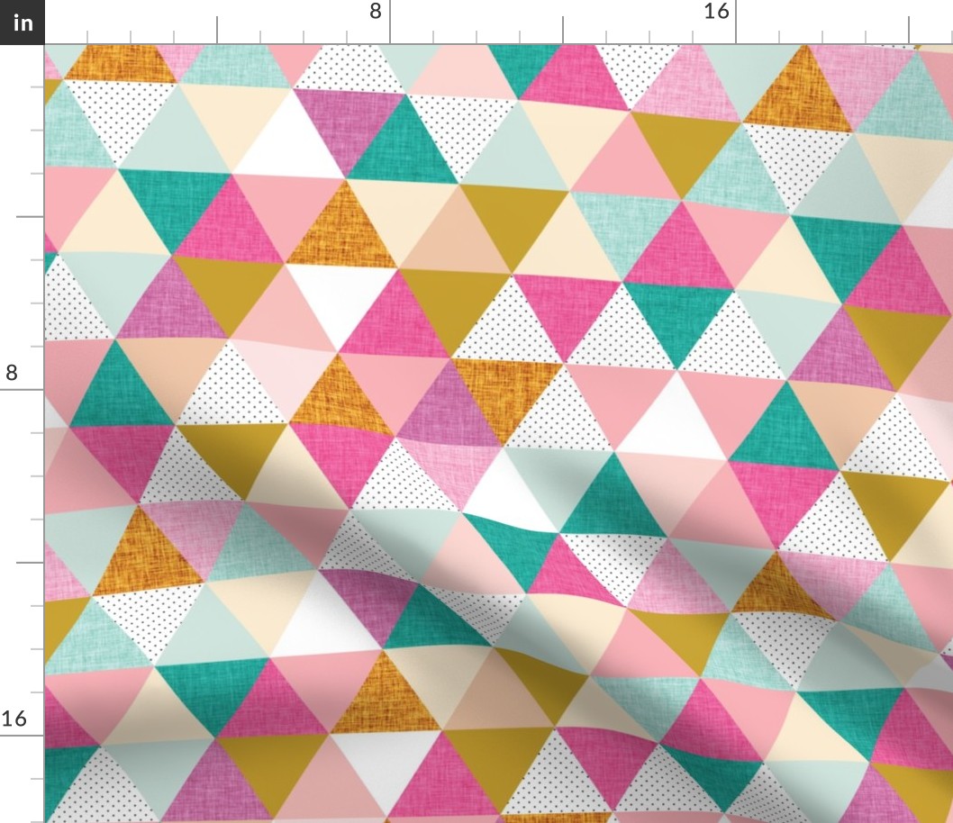 2" triangles: curry, white orange, butterscotch linen no. 2, orange ice, 75-13 linen, lychee, lipstick linen, neon pink linen, ionic linen, aqua, 130-6 linen, aqua linen