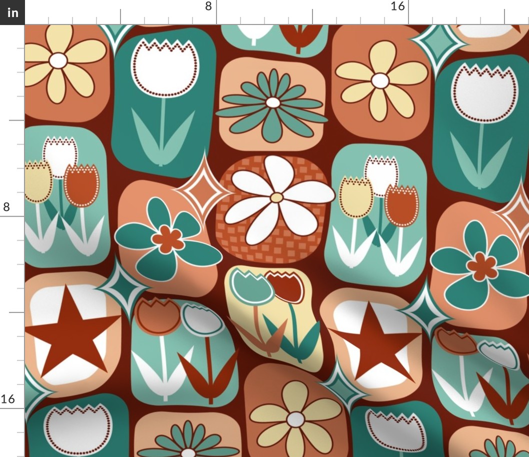 Mid Century Modern Flowers // Tulips, Daisies, Stars // Terra Cotta, Clay, Peach, Burgundy, Red Wine, Teal, Evergreen, Seafoam Green, Pale Yellow, White // V8