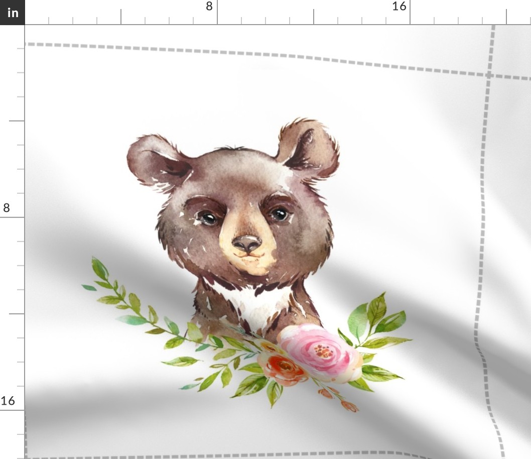 18” Bear Floral Nature Trails Pillow Front with dotted cutting lines