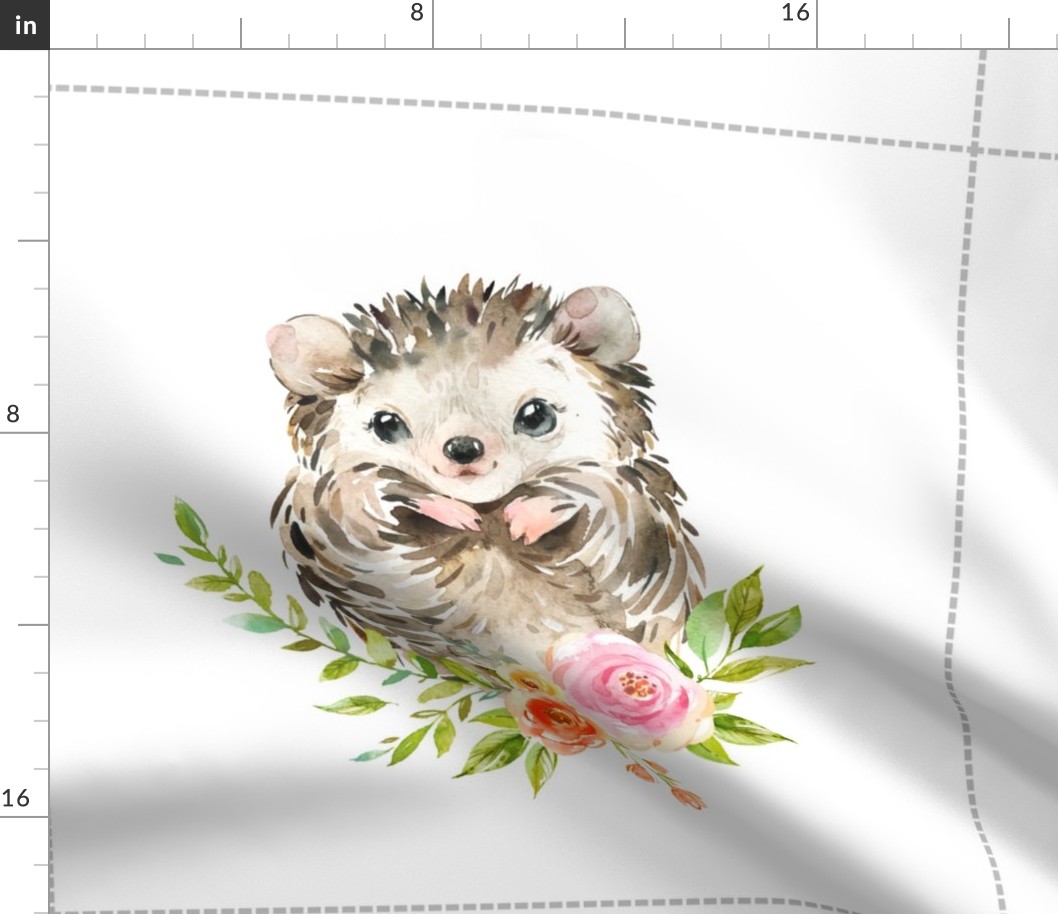 18” Hedgehog Floral Nature Trails Pillow Front with dotted cutting lines