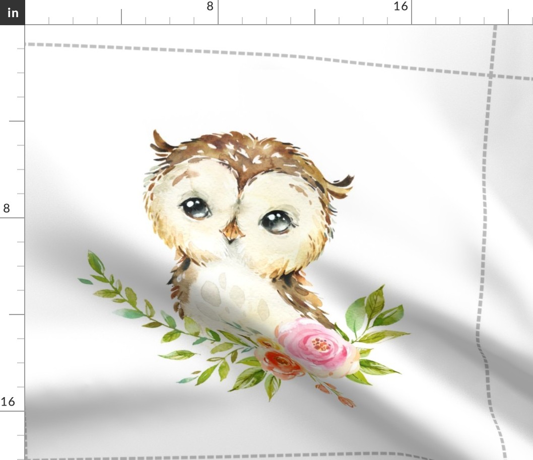 18” Owl Floral Nature Trails Pillow Front with dotted cutting lines