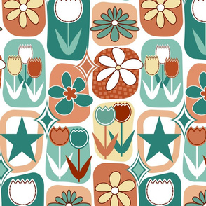 Mid Century Modern Flowers // Tulips, Daisies, Stars // Terra Cotta, Clay, Peach, Burgundy, Red Wine, Teal, Evergreen, Seafoam Green, Pale Yellow, White // V7