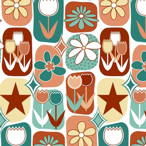 Mid Century Modern Flowers // Tulips, Daisies, Stars // Terra Cotta, Clay, Peach, Burgundy, Red Wine, Teal, Evergreen, Seafoam Green, Pale Yellow, White // V6