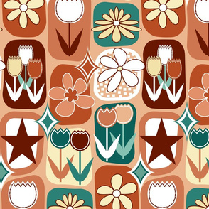 Mid Century Modern Flowers // Tulips, Daisies, Stars // Terra Cotta, Clay, Peach, Burgundy, Red Wine, Teal, Evergreen, Seafoam Green, Pale Yellow, White // V5