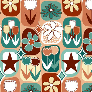 Mid Century Modern Flowers // Tulips, Daisies, Stars // Terra Cotta, Clay, Peach, Burgundy, Red Wine, Teal, Evergreen, Seafoam Green, Pale Yellow, White // V4