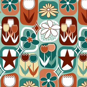 Mid Century Modern Flowers // Tulips, Daisies, Stars // Terra Cotta, Clay, Peach, Burgundy, Red Wine, Teal, Evergreen, Seafoam Green, Pale Yellow, White // V3