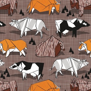 Normal scale // Origami cattle friends // brown linen texture background orange brown grey black and white geometric ox bulls and cows 