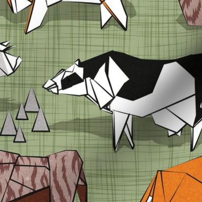 Normal scale // Origami cattle friends // sage green linen texture background orange brown grey black and white geometric ox bulls and cows 