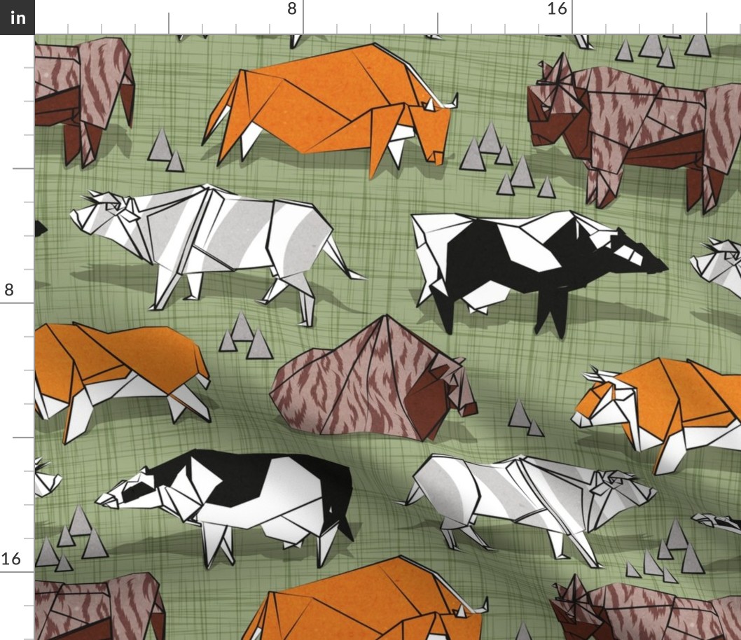 Normal scale // Origami cattle friends // sage green linen texture background orange brown grey black and white geometric ox bulls and cows 