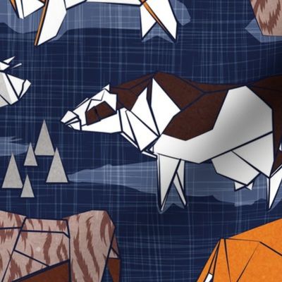 Normal scale // Origami cattle friends // oxford navy blue linen texture background orange brown grey black and white geometric ox bulls and cows 