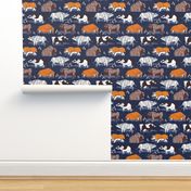 Normal scale // Origami cattle friends // oxford navy blue linen texture background orange brown grey black and white geometric ox bulls and cows 