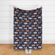 Normal scale // Origami cattle friends // oxford navy blue linen texture background orange brown grey black and white geometric ox bulls and cows 