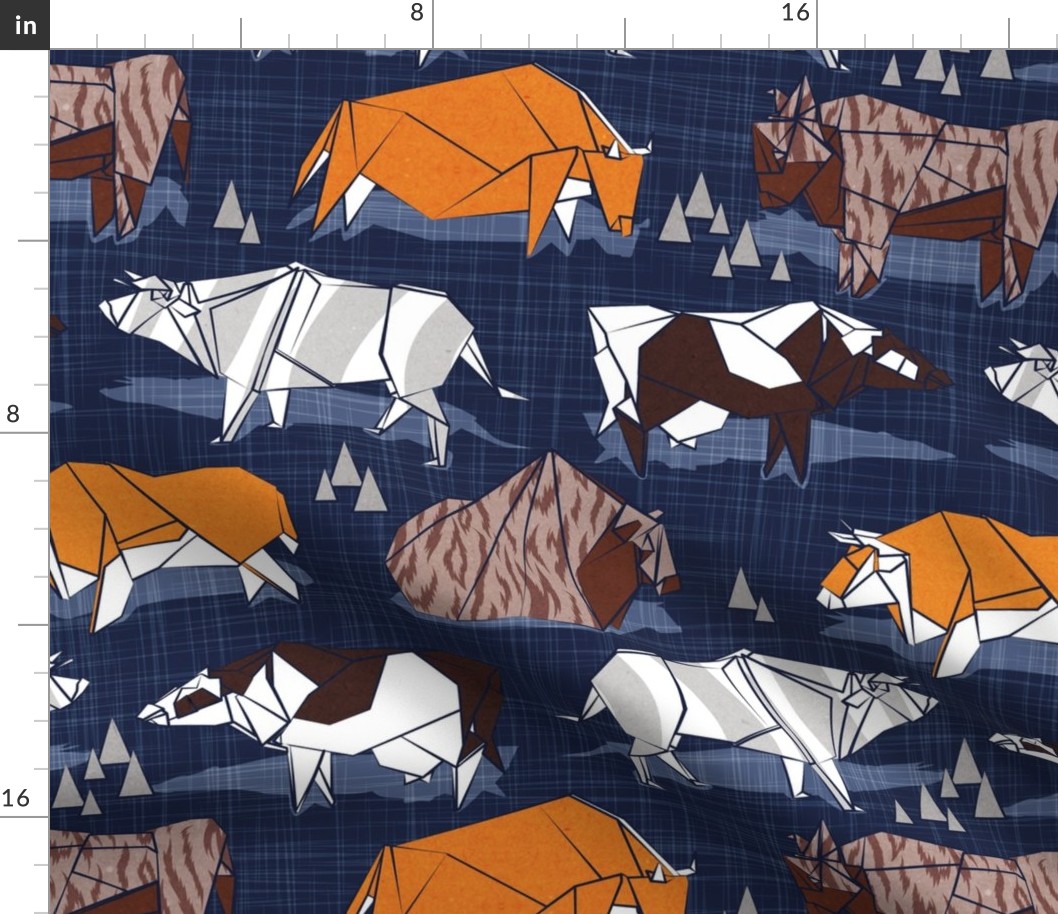 Normal scale // Origami cattle friends // oxford navy blue linen texture background orange brown grey black and white geometric ox bulls and cows 