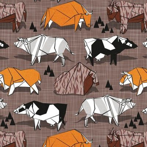 Small scale // Origami cattle friends // brown linen texture background orange brown grey black and white geometric ox bulls and cows 