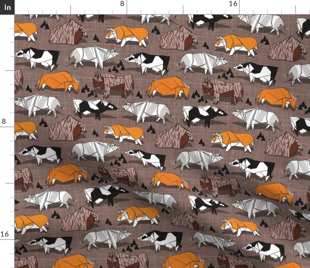 Small scale // Origami cattle friends // brown linen texture background orange brown grey black and white geometric ox bulls and cows 