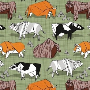 Small scale // Origami cattle friends // sage green linen texture background orange brown grey black and white geometric ox bulls and cows 