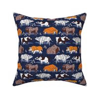 Small scale // Origami cattle friends // oxford navy blue linen texture background orange brown grey black and white geometric ox bulls and cows 