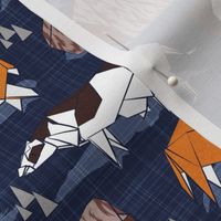 Small scale // Origami cattle friends // oxford navy blue linen texture background orange brown grey black and white geometric ox bulls and cows 