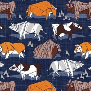 Small scale // Origami cattle friends // oxford navy blue linen texture background orange brown grey black and white geometric ox bulls and cows 