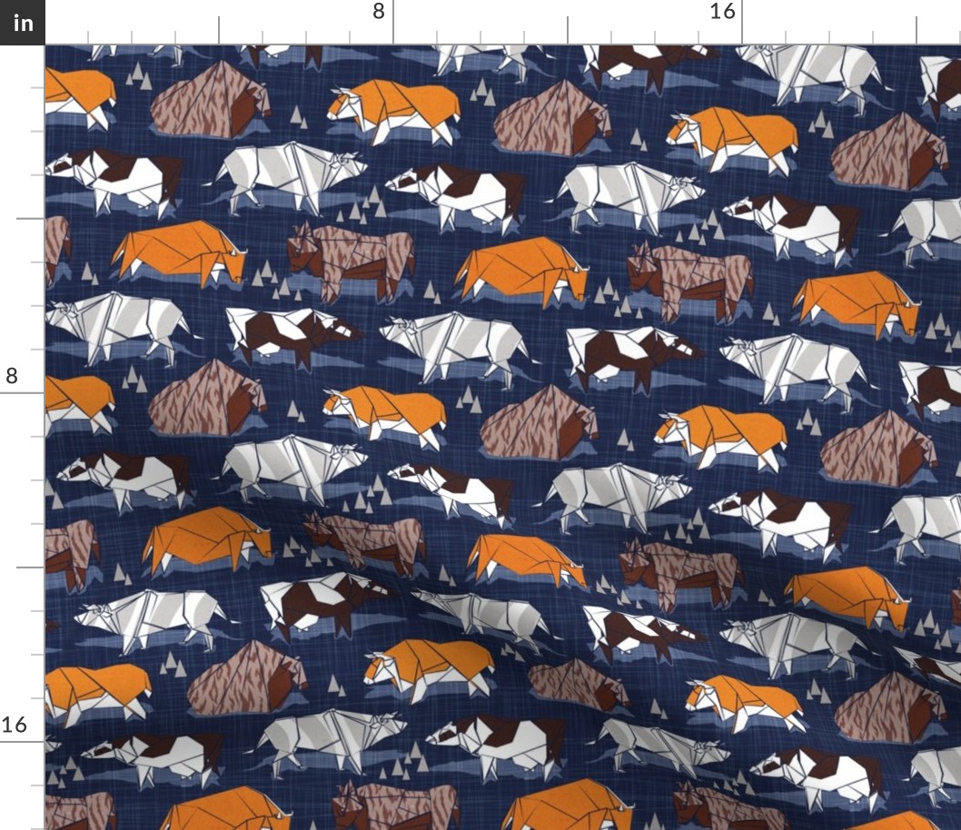 Small scale // Origami cattle friends // oxford navy blue linen texture background orange brown grey black and white geometric ox bulls and cows 