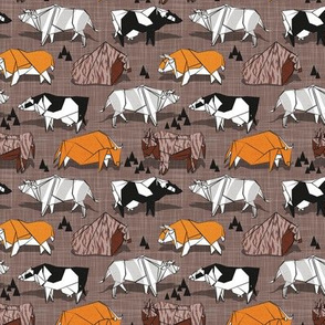 Tiny scale // Origami cattle friends // brown linen texture background orange brown grey black and white geometric ox bulls and cows 