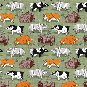 Tiny scale // Origami cattle friends // sage green linen texture background orange brown grey black and white geometric ox bulls and cows 