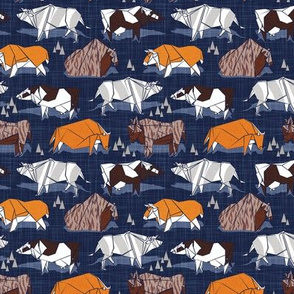 Tiny scale // Origami cattle friends // oxford navy blue linen texture background orange brown grey black and white geometric ox bulls and cows 