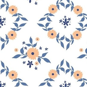 Floral diamond tiles in soft orange, white and blue