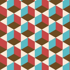 Retro 70s isometric 3D cubes Red Teal Brown Cream