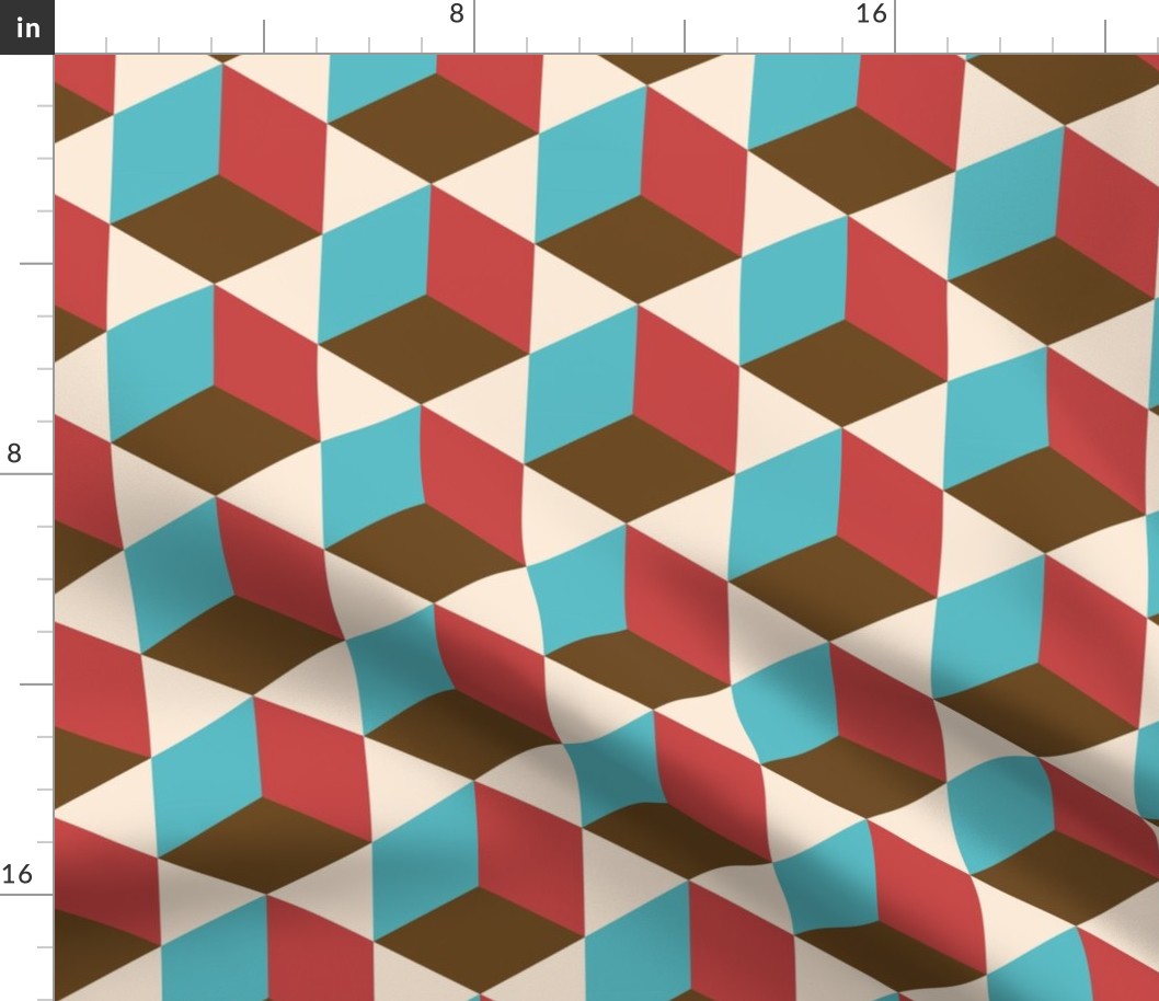 Retro 70s isometric 3D cubes Red Teal Brown Cream