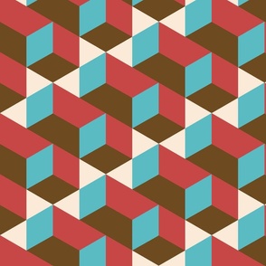 Retro 70s 3D isometric cube bars Teal Red Brown Cream