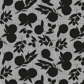 oranges and olives - black on gray linen texture
