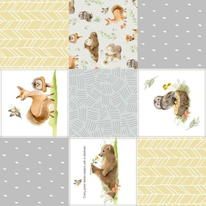 Neutral Forest Friends Quilt Panel- Bear Owl Squirrel Fox Patchwork in Neutral Gray Green & Yellow, ROTATED QUILT E