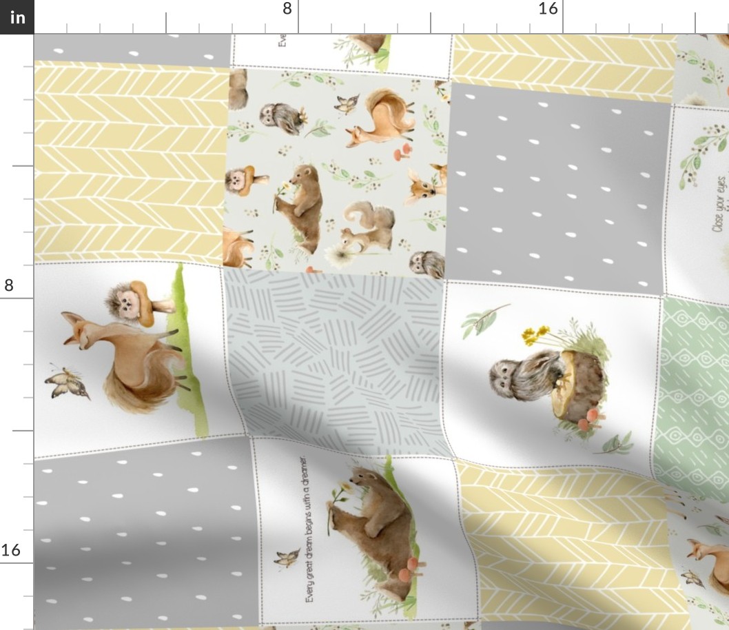 Neutral Forest Friends Quilt Panel- Bear Owl Squirrel Fox Patchwork in Neutral Gray Green & Yellow, ROTATED QUILT E