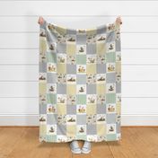 Neutral Forest Friends Quilt Panel- Bear Owl Squirrel Fox Patchwork in Neutral Gray Green & Yellow, QUILT E