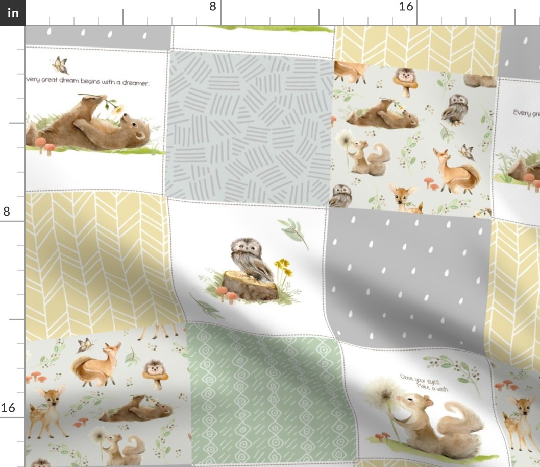 Neutral Forest Friends Quilt Panel- Bear Owl Squirrel Fox Patchwork in Neutral Gray Green & Yellow, QUILT E