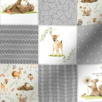 3" BLOCKS- Forest Friends Quilt Panel- Bear Deer Fox Patchwork in Neutral Grays, QUILT D