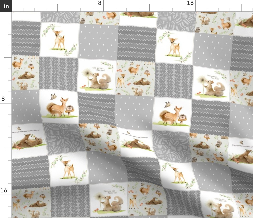 3" BLOCKS- Forest Friends Quilt Panel- Bear Deer Fox Patchwork in Neutral Grays, QUILT D