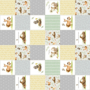 3" BLOCKS- Neutral Forest Friends Quilt Panel- Bear Owl Squirrel Fox Patchwork in Neutral Gray Green & Yellow, ROTATED QUILT E