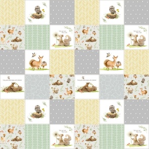 3" BLOCKS- Neutral Forest Friends Quilt Panel- Bear Owl Squirrel Fox Patchwork in Neutral Gray Green & Yellow, QUILT E