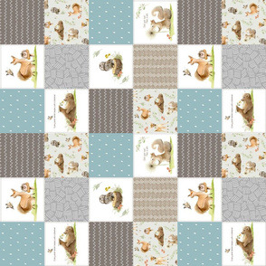 3" BLOCKS- Forest Friends Patchwork Cheater Quilt- Brown Blue & Gray, Gender Neutral Woodland Animal Blanket, ROTATED quilt B