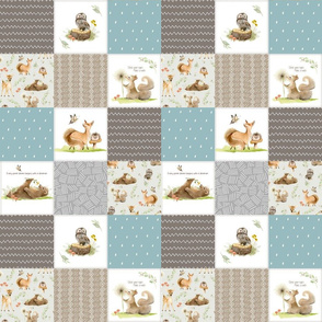 3" BLOCKS- Forest Friends Patchwork Cheater Quilt- Brown Blue & Gray, Gender Neutral Woodland Animal Blanket, quilt B