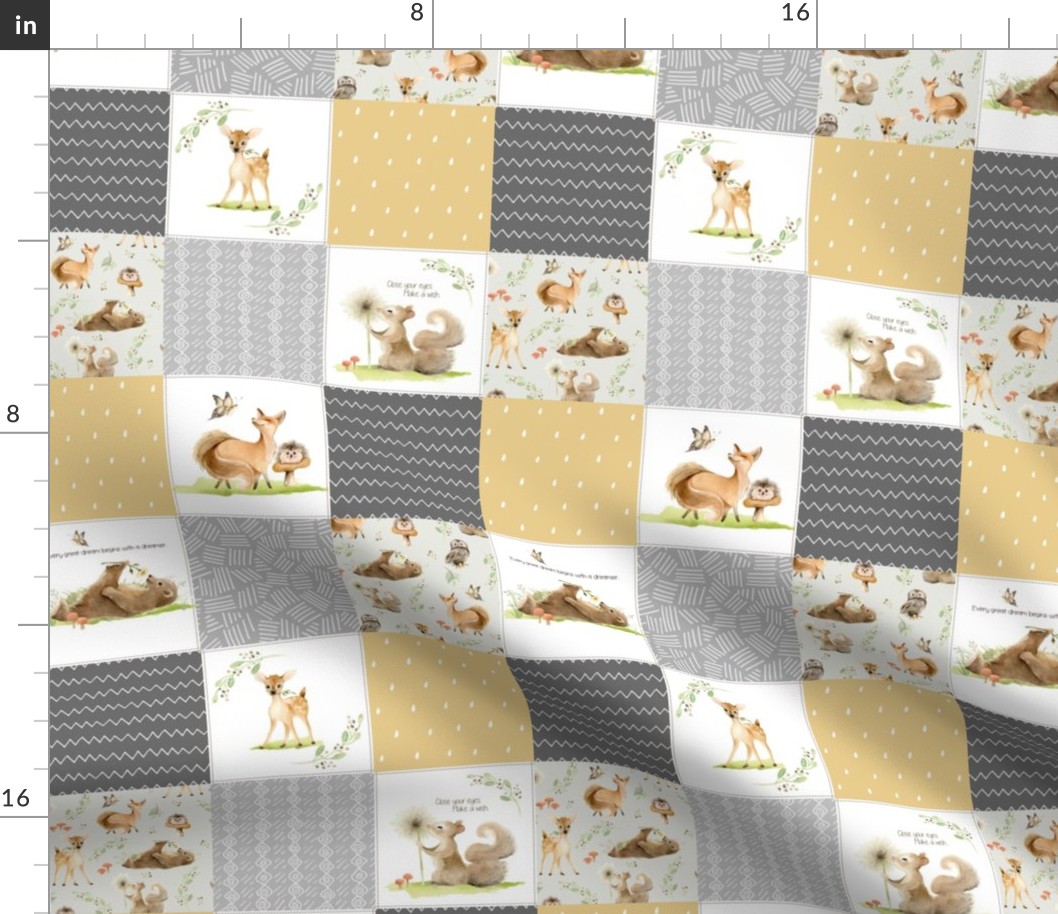 3" BLOCKS- Forest Friends Patchwork Cheater Quilt- Stone, Honeydrop & Gray, Gender Neutral Woodland Animal Blanket, quilt C